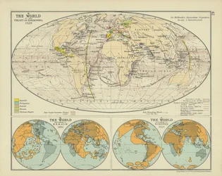El mundo en el Tratado de Zaragoza (litografía en color)