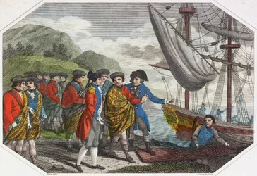 El joven pretendiente después de su derrota en Culloden embarcando hacia Francia (grabado en color)