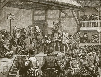 Representación de una obra de Shakespeare en tiempos de la reina Isabel, ilustración de la Historia Ilustrada de Inglaterra de Cassell