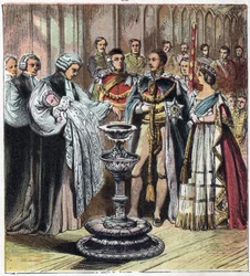 El bautismo del Príncipe de Gales, quien se convirtió en el Rey Eduardo VII (1841-1910), en presencia de sus padres, la Reina Victoria I (1819-1901) y el Príncipe Alberto de Sajonia Coburgo Gotha