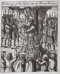 La quema del beato mártir Thomas Tomkins, ilustración de 