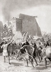 La captura de Menfis, Egipto por el rey asirio Esarhaddon, 671 a.C., de la Historia de las Naciones de Hutchinson, pub.1915