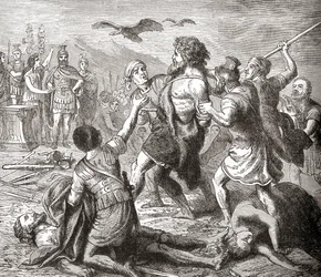 La captura de Teutoboco, un gigante legendario y rey de los teutones, de Historia ilustrada del mundo de Ward and Lock, publicada c. 1882
