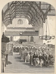 La capilla en Brixton, ilustración de Las prisiones criminales de Londres y escenas de la vida en prisión de Henry Mayhew y John Binny, pub. 1862