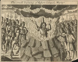 La cruel quema de Robert Samuel, mártir (grabado)