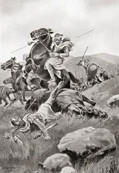 La muerte de Masistio mientras lideraba un ataque de caballería contra las fuerzas griegas, de la Historia de las Naciones de Hutchinson, pub.1915
