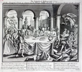 La mascarada diabólica, o la fiesta de los dragones como actuada por el Club del Fuego Infernal, en Somerset House en el Strand, c.1721