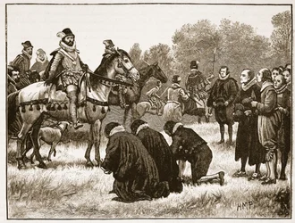 Los divinos disidentes presentando su petición a James, ilustración de la Historia Ilustrada de Inglaterra de Cassell