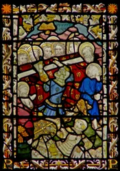 La ventana este que representa el Funeral de la Virgen María y el vuelco del ataúd (el Niño de Bourges)