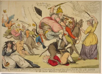 El genio de Francia extirpando el despotismo, la tiranía y la opresión de la faz de la tierra, o los guerreros reales derrotados, 1792 (grabado a mano coloreado)