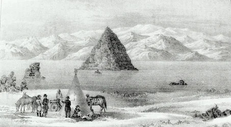 El obús en Pyramid Lake en enero de 1844, del Informe de la Expedición de Exploración a las Montañas Rocosas en 1842 y a Oregón y Carolina del Norte en 1843-44 por John C. Fremont, publicado en 1845