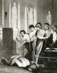 El ídolo Dagón cae al suelo cuando el Arca de la Alianza es llevada a su templo