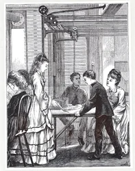 Los instrumentos para enviar mensajes en la Sede de Telégrafos de la Oficina de Correos, Telegraph Street, Londres, de The Graphic, 1871
