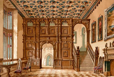 El interior de Methley Hall, Yorkshire, Inglaterra antes de su demolición en 1963, de Old England: A Pictorial Museum, pub. 1847