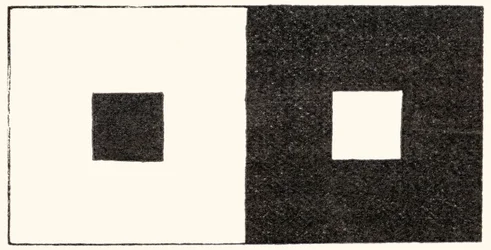 Ilusión de irradiación de la percepción visual en la que una zona clara del campo visual parece más grande que una zona oscura idéntica. Mirar fijamente esta imagen provoca una dispersión de la luz dentro del ojo y tiene el efecto de agrandar la imagen de 