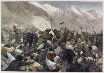 La última guerra afgana: Muerte del Mayor Wigram Battye en la batalla de Futtehabad el 30 de abril (grabado en color)