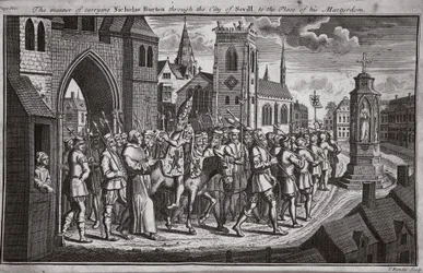 La manera de llevar a Nicholas Burton por la ciudad de Sevilla al lugar de su martirio, ilustración de Mártires de Fox c.1703