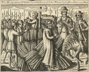 Martirio de John Cardmaker y John Warne, tapicero, 30 de mayo de 1555 (grabado)