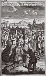 El martirio de Ralph Allerton James Austoo, Margery Austoo y Richard Roth en Islington, ilustración de 