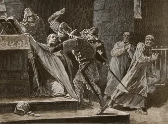 El asesinato de Becket en la catedral de Canterbury, ilustración de Cassells Illustrated History of England