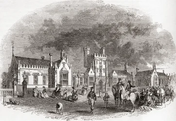 La antigua escuela de Bedford, reconstruida a finales del siglo XIX, de Old England: A Pictorial Museum, pub. 1847