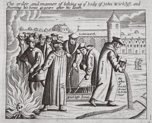 El orden y la manera de levantar el cuerpo de John Wickliff y quemar sus huesos 44 años después de su muerte, ilustración de Hechos y Monumentos de John Foxe, novena edición, pub. 1684