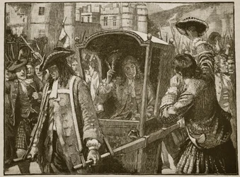 El pueblo de Edimburgo escoltando al Duque de Hamilton al Palacio de Holyrood, ilustración de Cassells Illustrated History of England