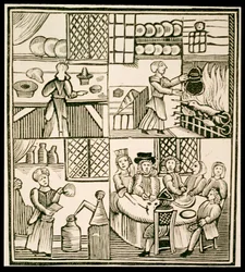 La preparación de pasteles, página de un libro de cocina del siglo XV