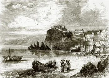 La roca y la ciudad de Scylla, costa de Sicilia