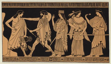 Las tres diosas llevadas por Hermes a París (litografía en color)