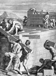 Las murallas de las ciudades entre los galos están construidas con cursos alternos de piedras y vigas, ilustración de los Comentarios de César traducidos al inglés por William Duncan