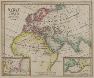 El mundo conocido por los Antiguos mostrando la Dispersión y el Supuesto Asentamiento de los Descendientes de Noé