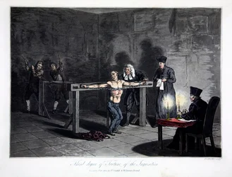 Tercer grado de tortura de la Inquisición, grabado por L.C. Stadler, publicado por Cadell & Davies, Londres, c.1813 (grabado en color)