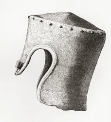 Casco cilíndrico de punta plana con nasal del siglo XIII, desenterrado en el castillo de Montgomery en 1841, de The British Army: Its Origins, Progress and Equipment, publicado en 1868.
