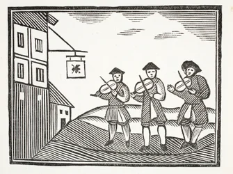 Tres violinistas en Thames Street, que tocaron para un novio en la mañana, quien no les dio nada de beber, ilustración de Chap-books del siglo XVIII de John Ashton, pub. 1882
