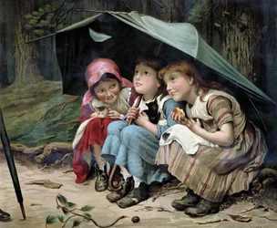 Three little kittens (niñas y gatitos apretujados bajo un paraguas) - Cromolitografía inglesa