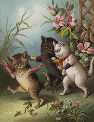 Tres gatitas en un jardín (chromolitho)
