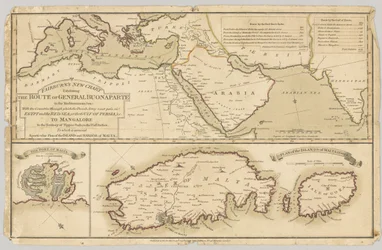 Tres mapas impresos en color: Nuevo Mapa de Fairburn que muestra la ruta del General Bonaparte en el Mar Mediterráneo, 1798