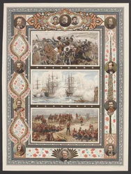 Tres viñetas que representan escenas de batallas navales y terrestres, incluyendo 