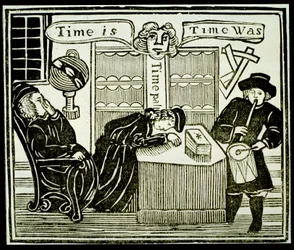El tiempo es, el tiempo fue, copia de una ilustración de Historia del fraile sabio Bacon utilizada en una colección de folletos sobre esoterismo