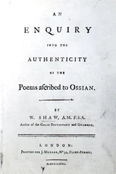 Página de título de An enquiry into the authenticity of the poems ascribed to Ossian por William Shaw, publicado en 1781 (papel impreso)