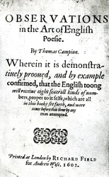 Página de título de Observaciones en el arte de la poesía inglesa de Thomas Campion, publicado en 1602