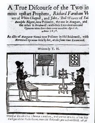 Página de título de Un verdadero discurso de los dos profetas infames, Richard Farnham, tejedor, de White-Chapel, y John Bull, tejedor, de Saint Botolphs, Algate por T.H, 1636