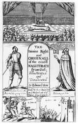 Página de título de El derecho divino y original del magistrado civil de Dios, grabado por Edward Gee, 1658