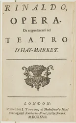 Página de título del libreto de la ópera "Rinaldo" de Handel, por Giacomo Rossi, 1717