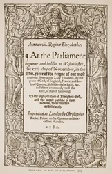 Página de título de Acts of Parliament, impreso por Christopher Barker (1528-99), 1585