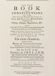 Portada del Libro de Constituciones de Spratt para la Gran Logia en Irlanda, 1751