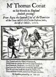 Página de título del relato póstumo de los viajes de Thomas Coryat en India, publicado en Londres, 1618