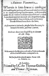 Página de título de Fiammetta amorosa por Giovanni Boccaccio, traducción al inglés publicada en 1587