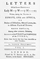 Portada de Cartas de la Muy Honorable Lady Mary Wortley Montagu, escritas durante sus viajes por Europa, Asia y África, publicadas en 1763